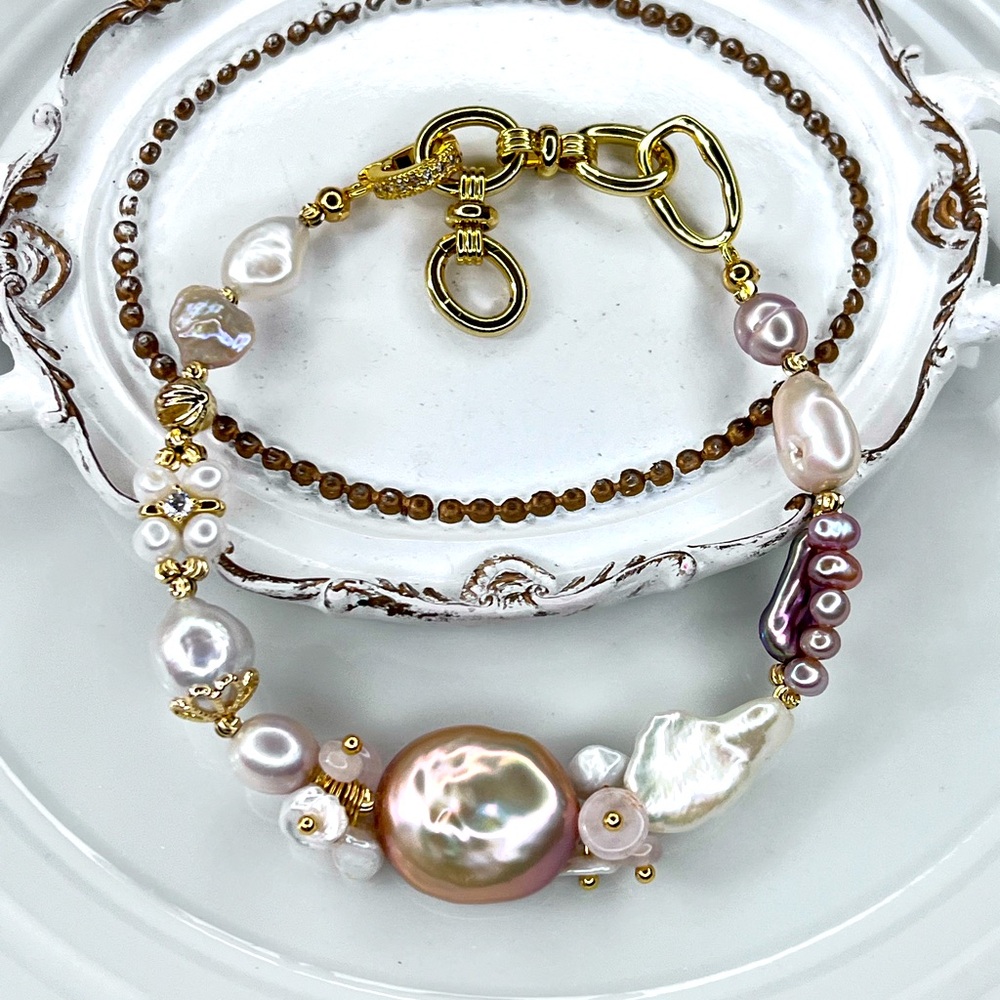 Handmade Freshwater Champagne Gold Coin Pearl Braided Bracelet